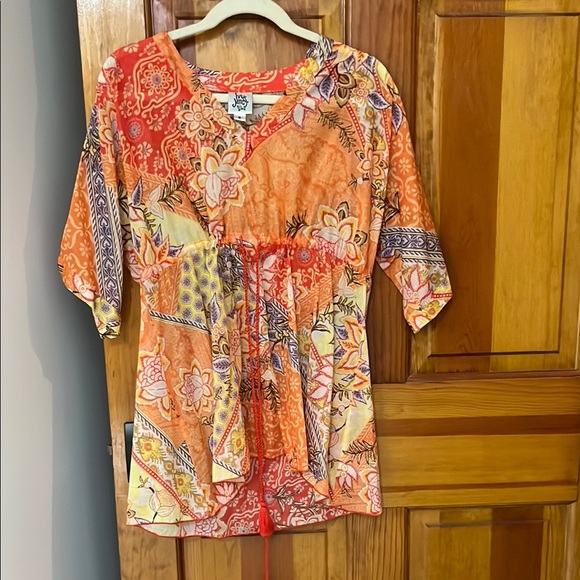 Ivy Jane Mandarin Orange Red Tunic with Functional Drawstring Tie Front - Picture 4 of 4